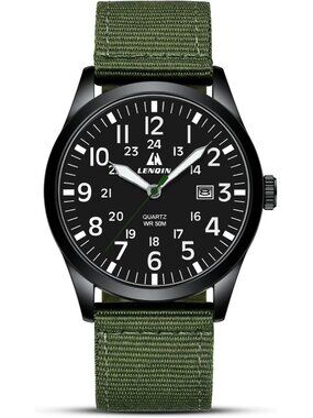 LN LENQIN Men's Green Classic Military Analog Quartz Waterproof Nylon Band Watch